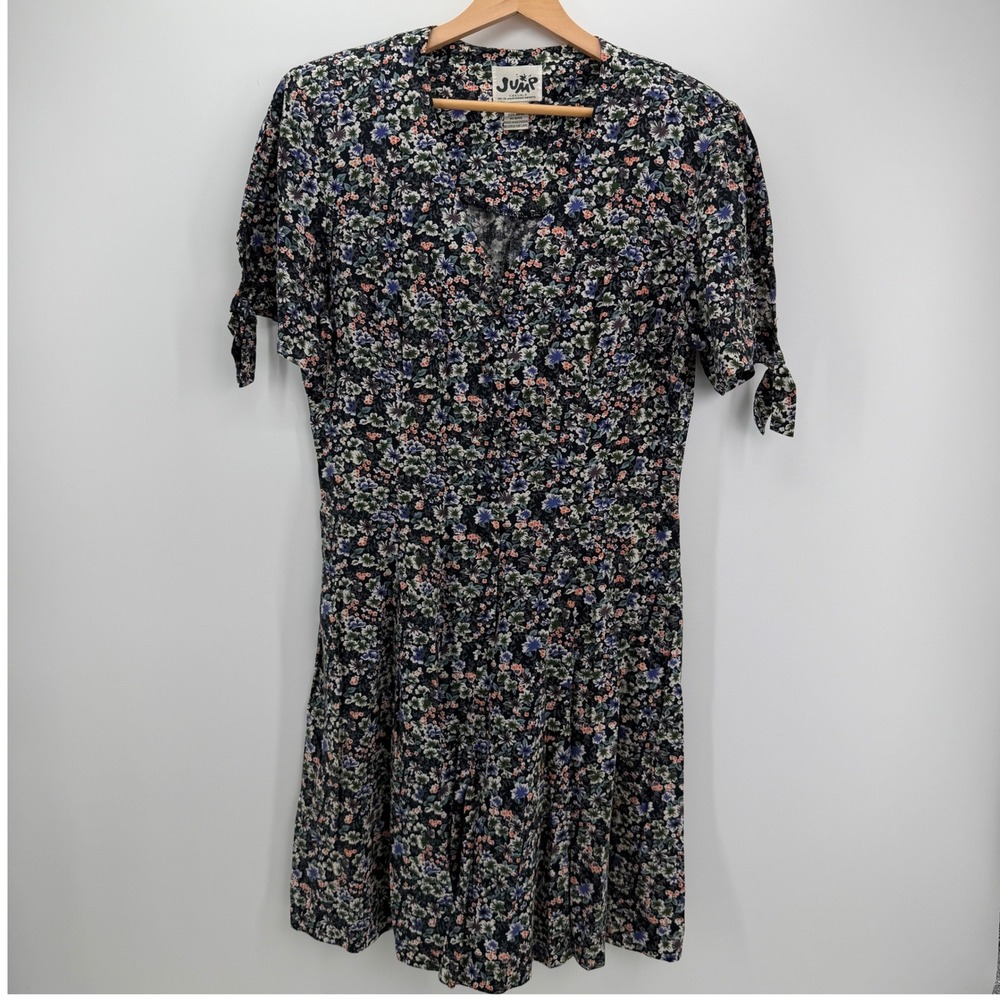 Vintage 80s Romper Womens Medium Black Floral Tie Sleeve Cottage Jumper Retro